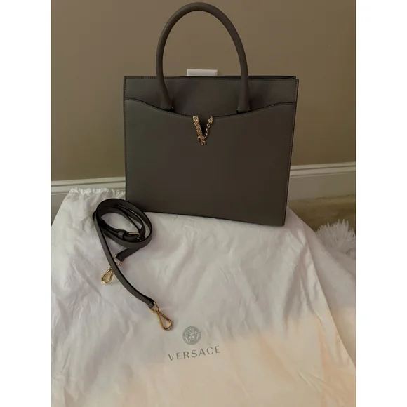 Versace Virtus Grainy Calf Leather Grey Large Top Handle Bag NWT $ 2100 Retail - Picture 3 of 10